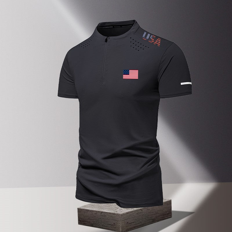 Men’s Half-Zip American Flag Polo Shirt – Patriotic Short Sleeve USA Top for Summer & 4th of July