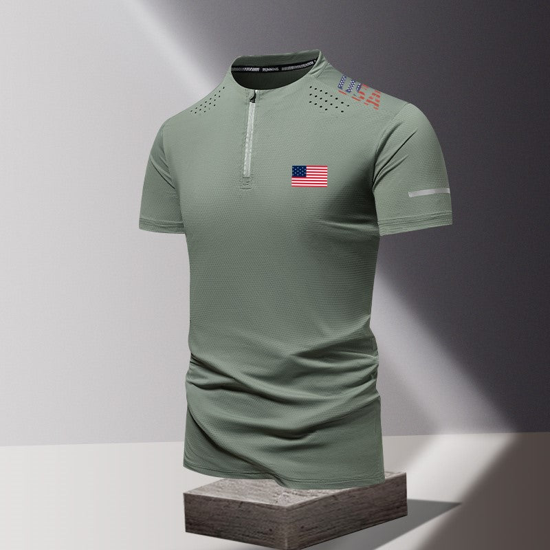 Men’s Half-Zip American Flag Polo Shirt – Patriotic Short Sleeve USA Top for Summer & 4th of July