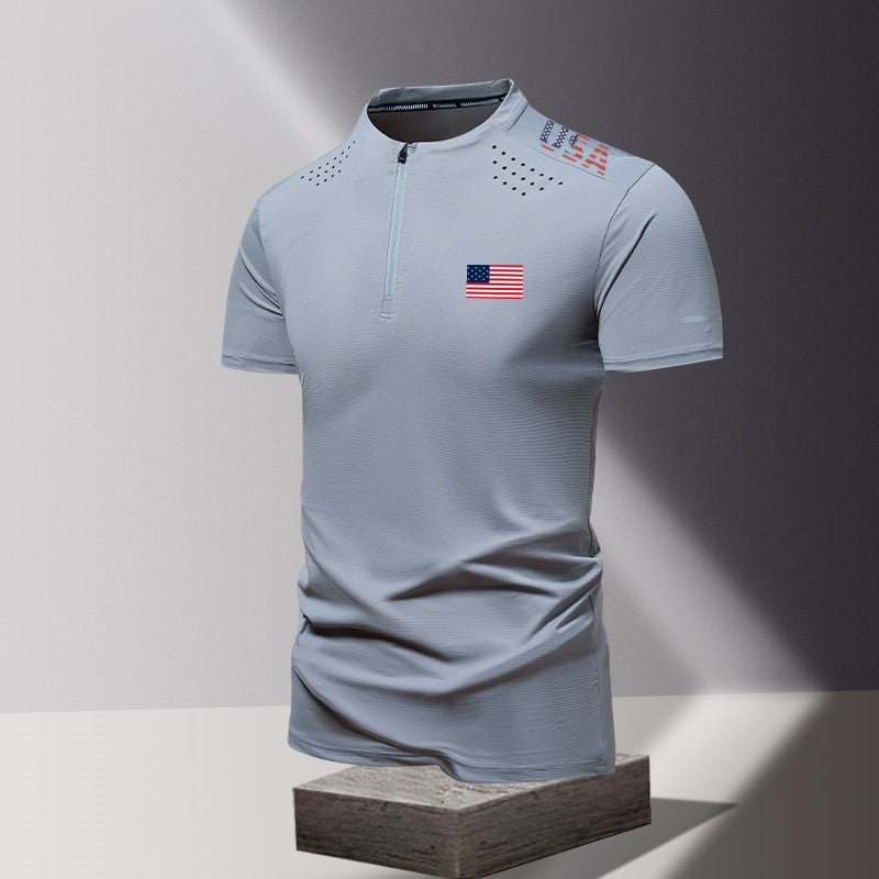 Men’s Half-Zip American Flag Polo Shirt – Patriotic Short Sleeve USA Top for Summer & 4th of July